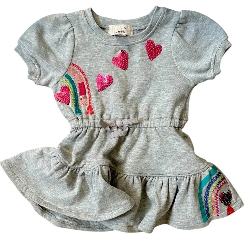 New Peek Toddler Girls Short Sleeve Sequin Dress Rainbow And Hearts size 2T